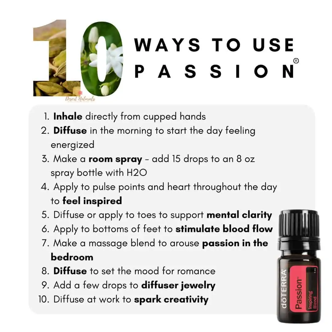 a list of 10 ways to use doterra passion with an image of the 5ml bottle