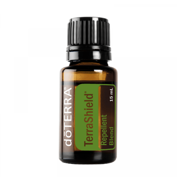 white background with a bottle of doterra terrashield essential oil