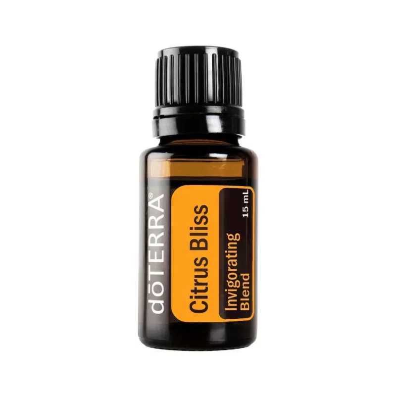 bottle of doTERRA Citrus Bliss essential oil on white background