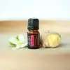 bottle of doterra passion essential oil on wooden tray with piece of ginger and a flower