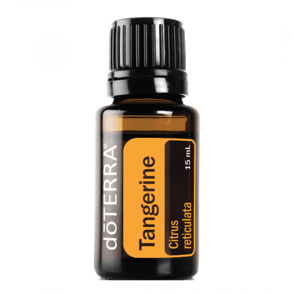 white background with bottle of doterra tangerine essential oil