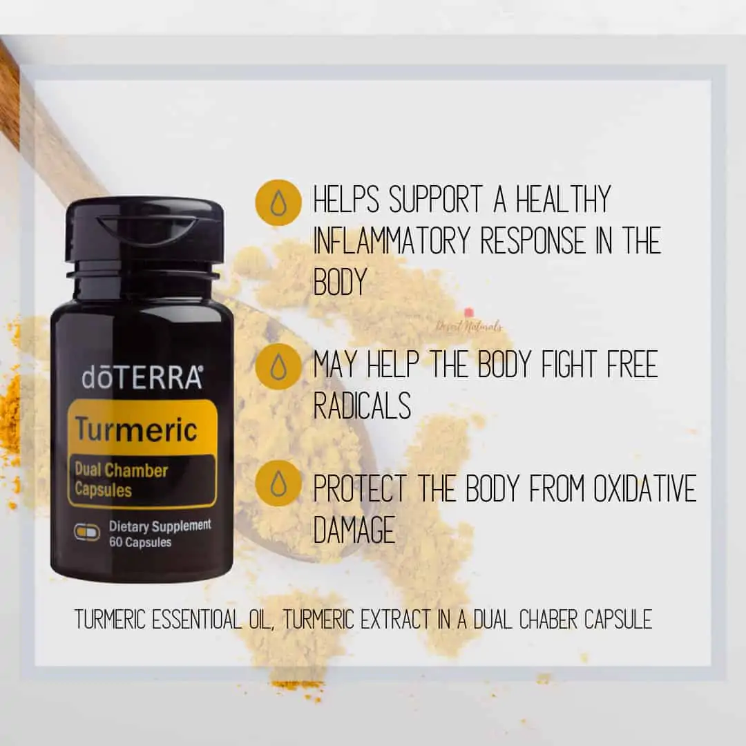 background shows spoon with turmeric powder. bottle fo doterra turmeric capsules in foreground with text explaining benefits