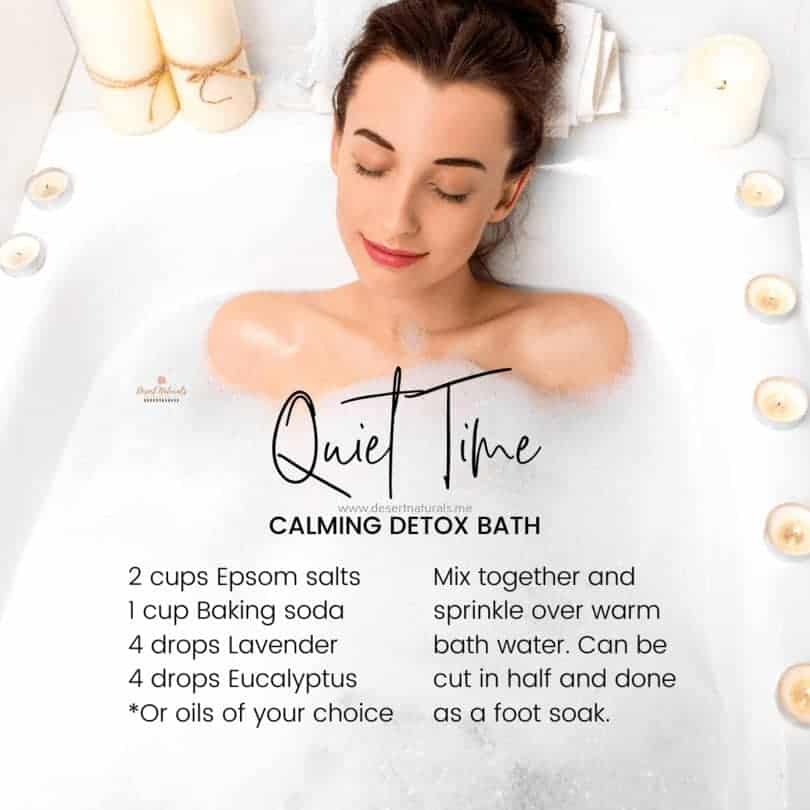 quiet time calming detox bath with essential oils recipe with image of woman relaxing in bath