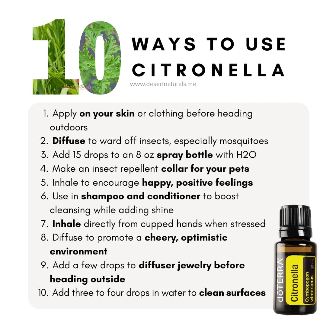 a list of 10 ways to use Citronella essential oil with a bottle of doterra citronella