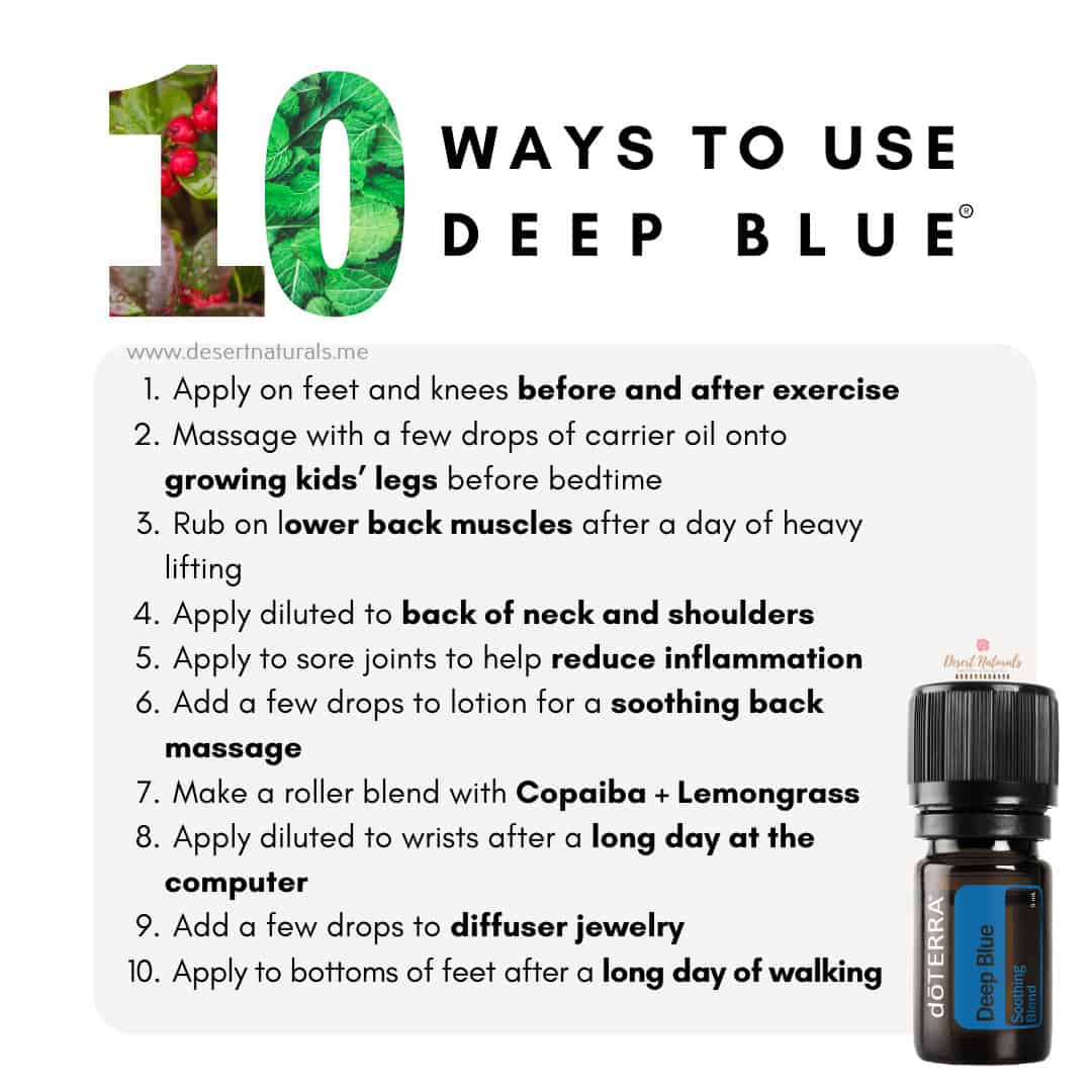 a list of 10 ways to use doterra deep blue essential oil with a bottle in the corner