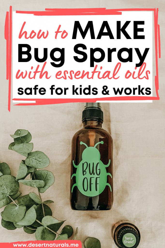 hot to make bug spray with essential ils safe for kids and works. glass spray bottle with bug sticker