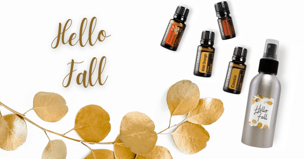Hello Fall Room Spray with doterra essential oil bottles and stainless spray bottle with gold leaves