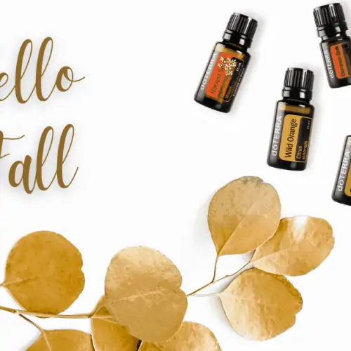 Hello Fall Room Spray with doterra essential oil bottles and stainless spray bottle with gold leaves