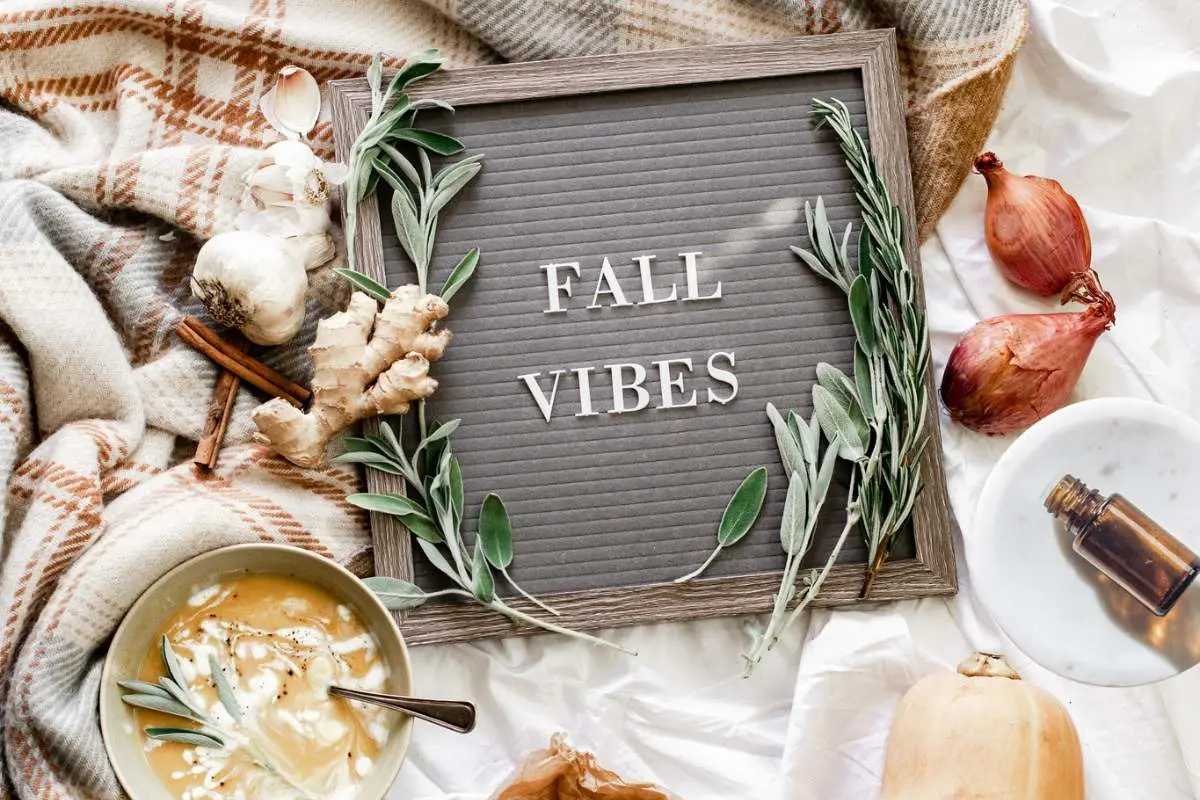 fall vibes sign with essential oil bottle, ginger and latte