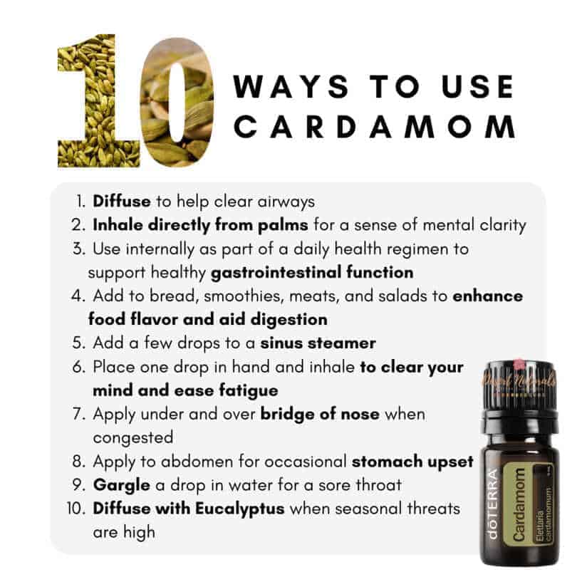 doTERRA Cardamom essential oil can be used to help with digestion and clear breathing. Here's a list of 10 ways to use Cardamom essential oil