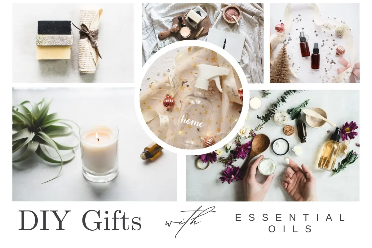 collage of DIY gifts homemade with essential oils for Christmas
