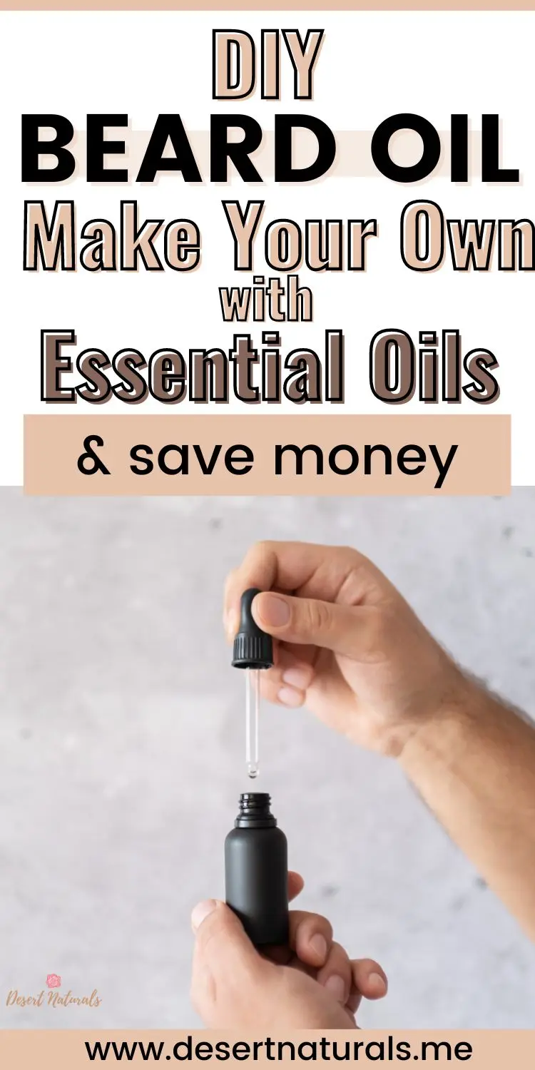 a man's hand holding a dropper bottle of homemade beard oil