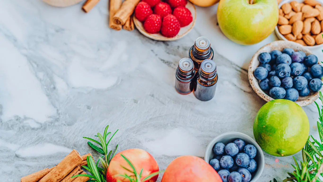 essential oils for weight loss with image of fresh fruits and vegetables