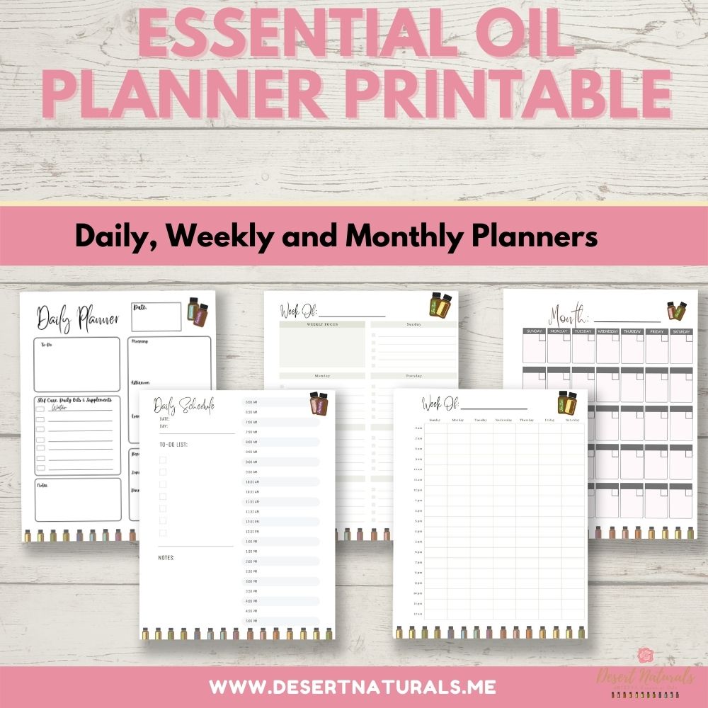 wood background with the daily and weekly schedulers in the 2022 essential oil planner