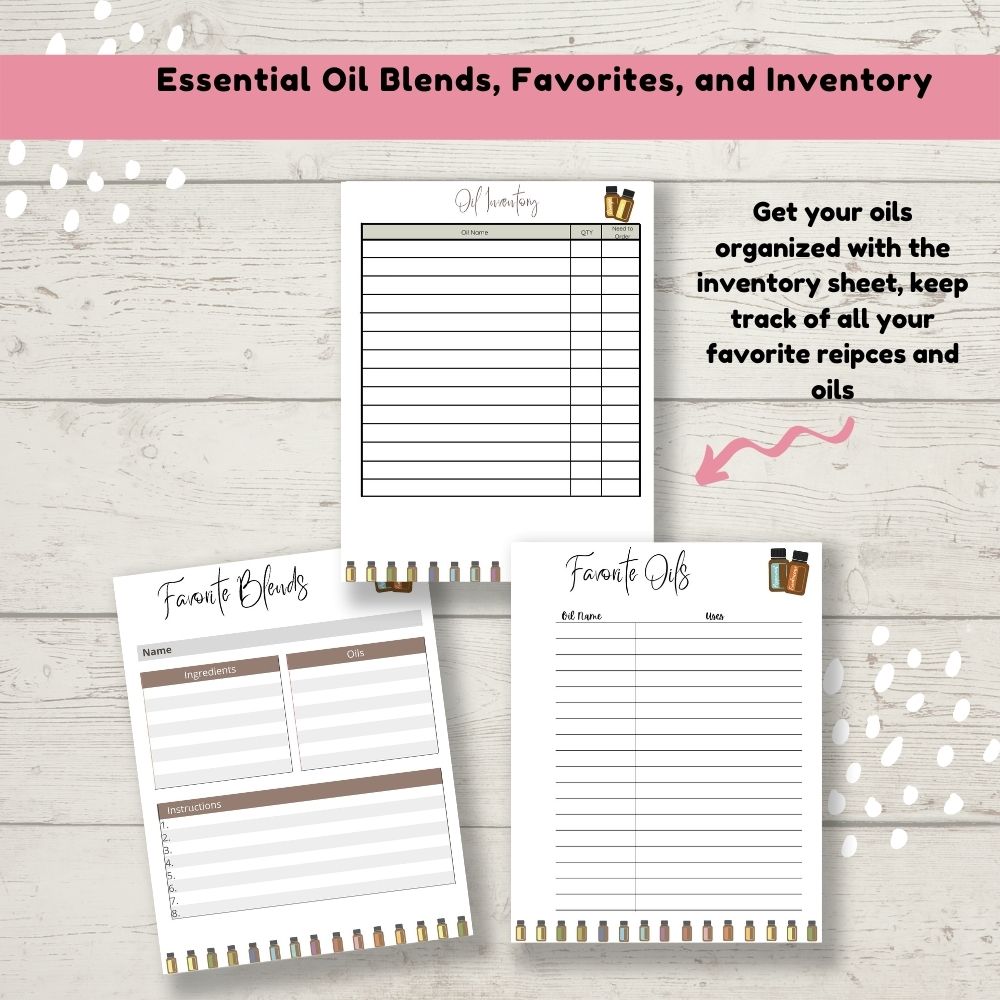 wood background and images of the essential oil pages included in the 2022 essential oil planner