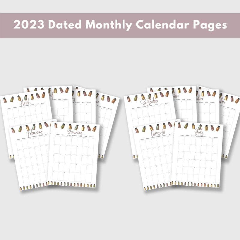 mockup pages of the 2023 dated monthly calendar pages in the essential oil bottle printable planner