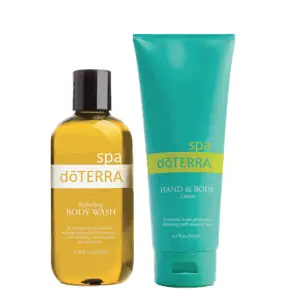 doTERRA Spa Basics Kit comes with the all natural unscented Hand and Body Lotion and the essential oil infused refreshing Body Wash