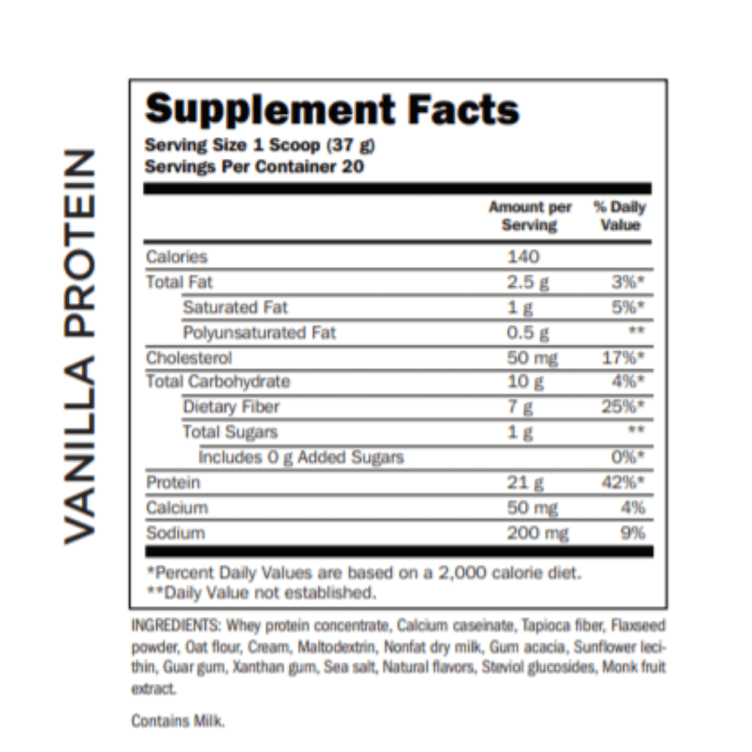 supplement facts and ingredients for doTERRA vanilla protein shake mix and powder