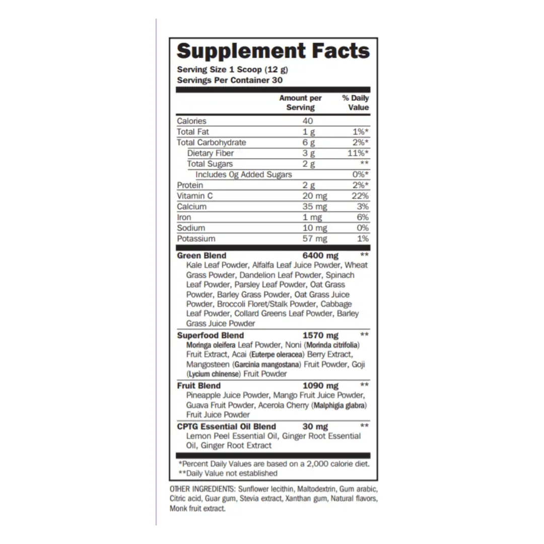 Supplements and nutrition facts for the doTERRA Greens