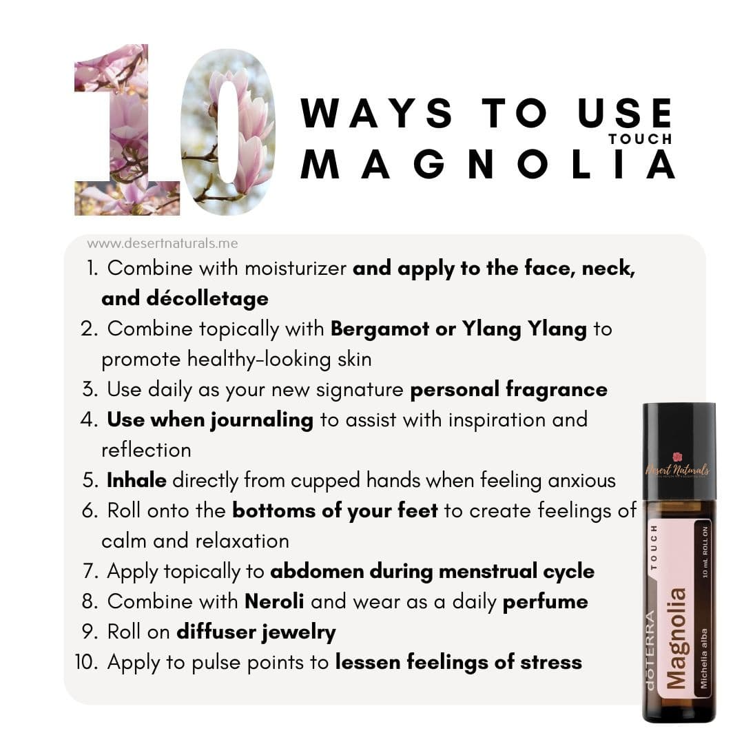 an image of the doTERRA magnolia essential oil roller and a list of 10 ways to use it