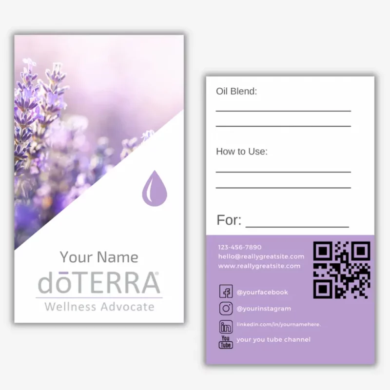 mockup of the front and back of a digital doterra business card with a lavender design and QR code