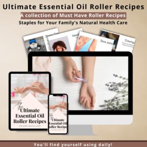 mockup of ipad, android and computer devices with pages from the essential oil roller recipes ebook