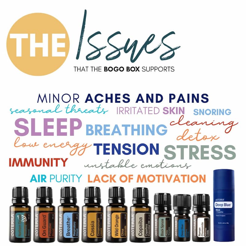 photos of the essential oils in the doterra bogo box plus a text of the issues or ailments they can support