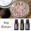 diy dry shampoo with arrowroot powder and cocoa powder stored in glass jars, with d doterra peppermint, lavender and rosemary essential oil