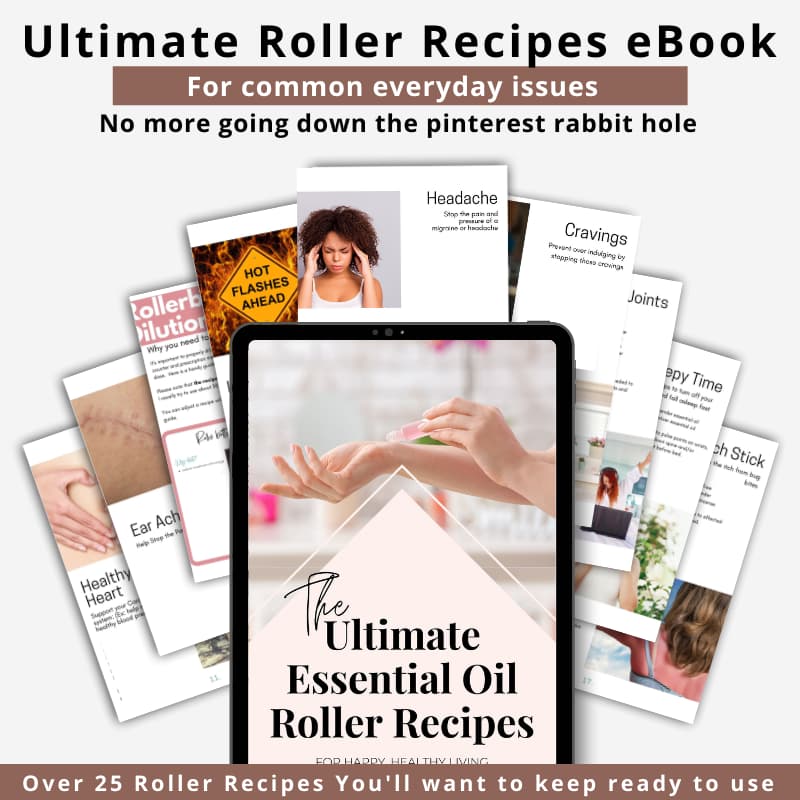 mockup of an ipad and pages from the essential oil rollerball recipes ebook