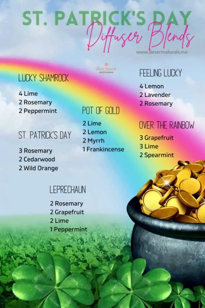 Essential Oil diffuser blends for St. Patrick's Day with a rainbow and pot of gold