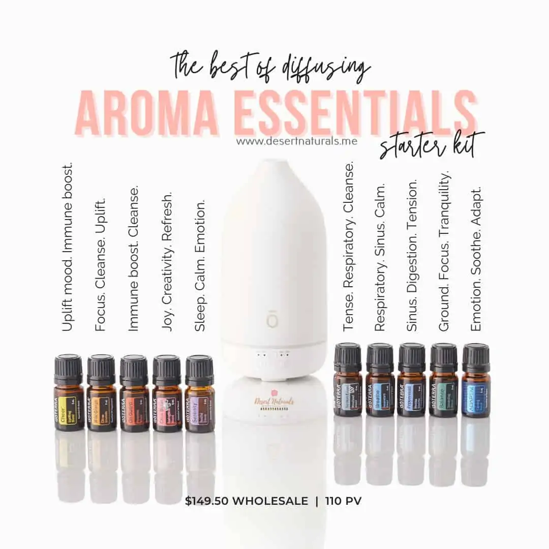bottles of the essential oils in the doterra aroma essentials kit plus the laluz diffuser on a white background with explainer text