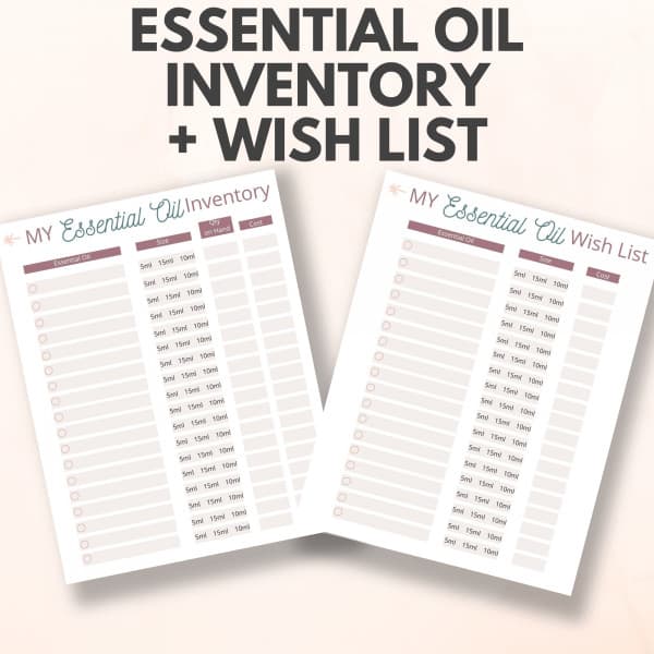Images of the essential oil inventory and wishlist pages from the essential oil journal