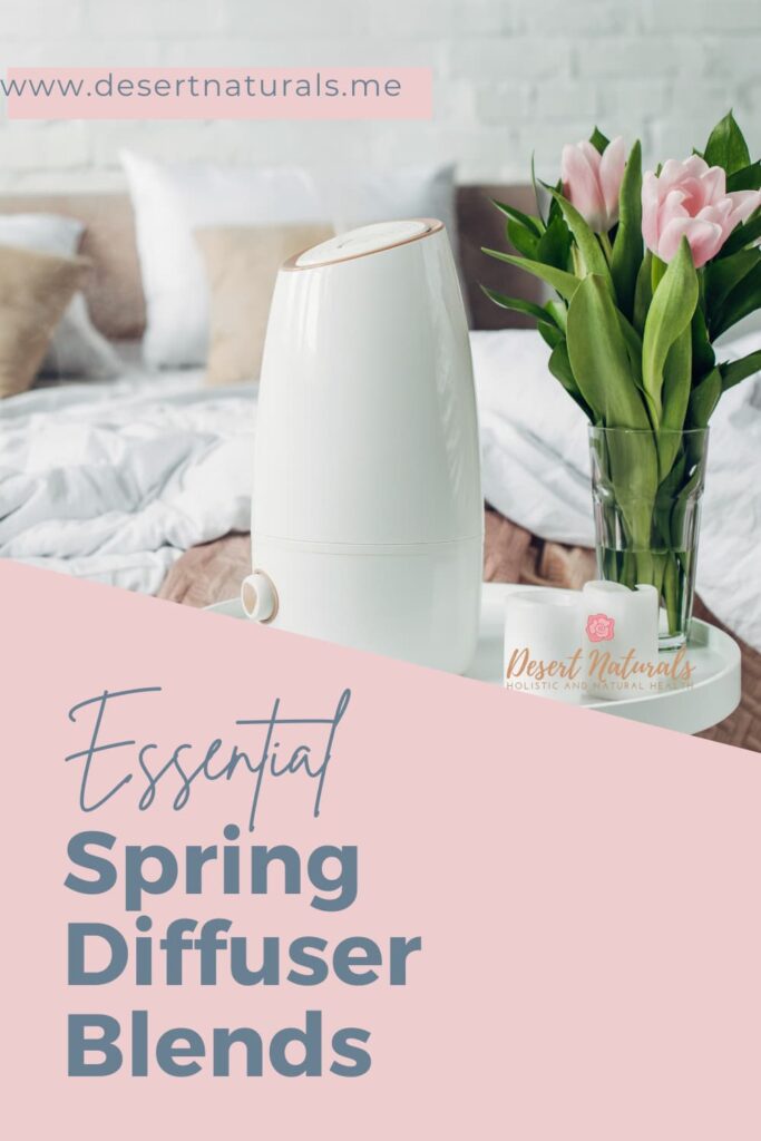 text essential spring diffuser blends with a diffuser and spring tulips