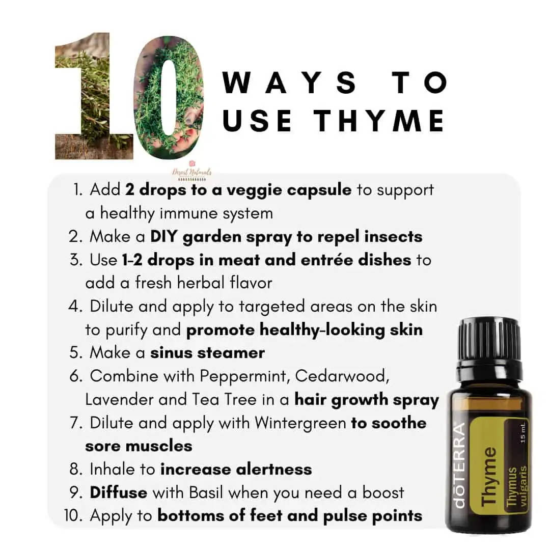 A list of 10 Ways to use thyme essential oil with a bottle of doTERRA Thyme.