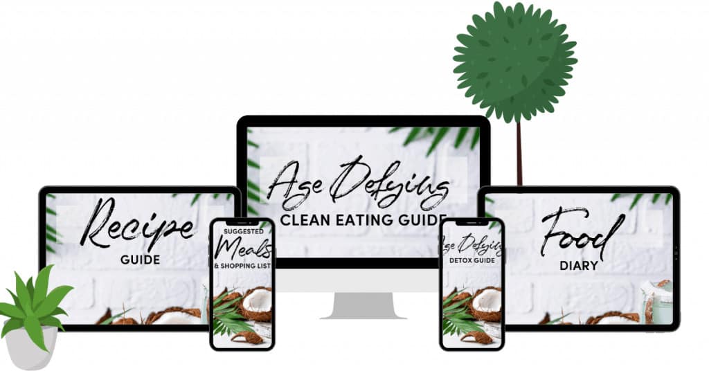 anti aging detox course materials shown on a computer, ipads, and cell phones