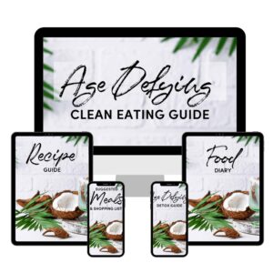 anti aging detox course materials shown on ipads, cellphones, and computer including clean eating guide, recipe guide, food diary, meals and shopping list