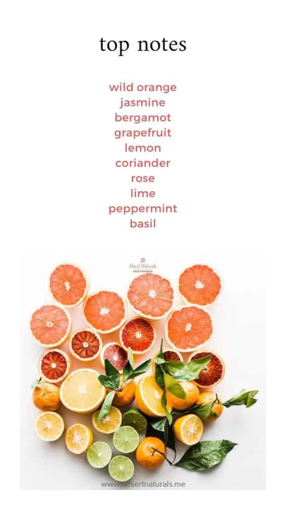 a list of essential oil top notes to use when perfume blending with  a photo of citrus fruits