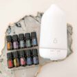 doterra aroma essential kit on wood with laluz diffuser and 10 bottles of essential oil