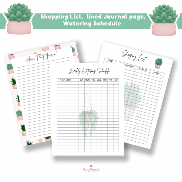 house plant printable journal nd planner weekly watering schedule, shopping list and journal pages