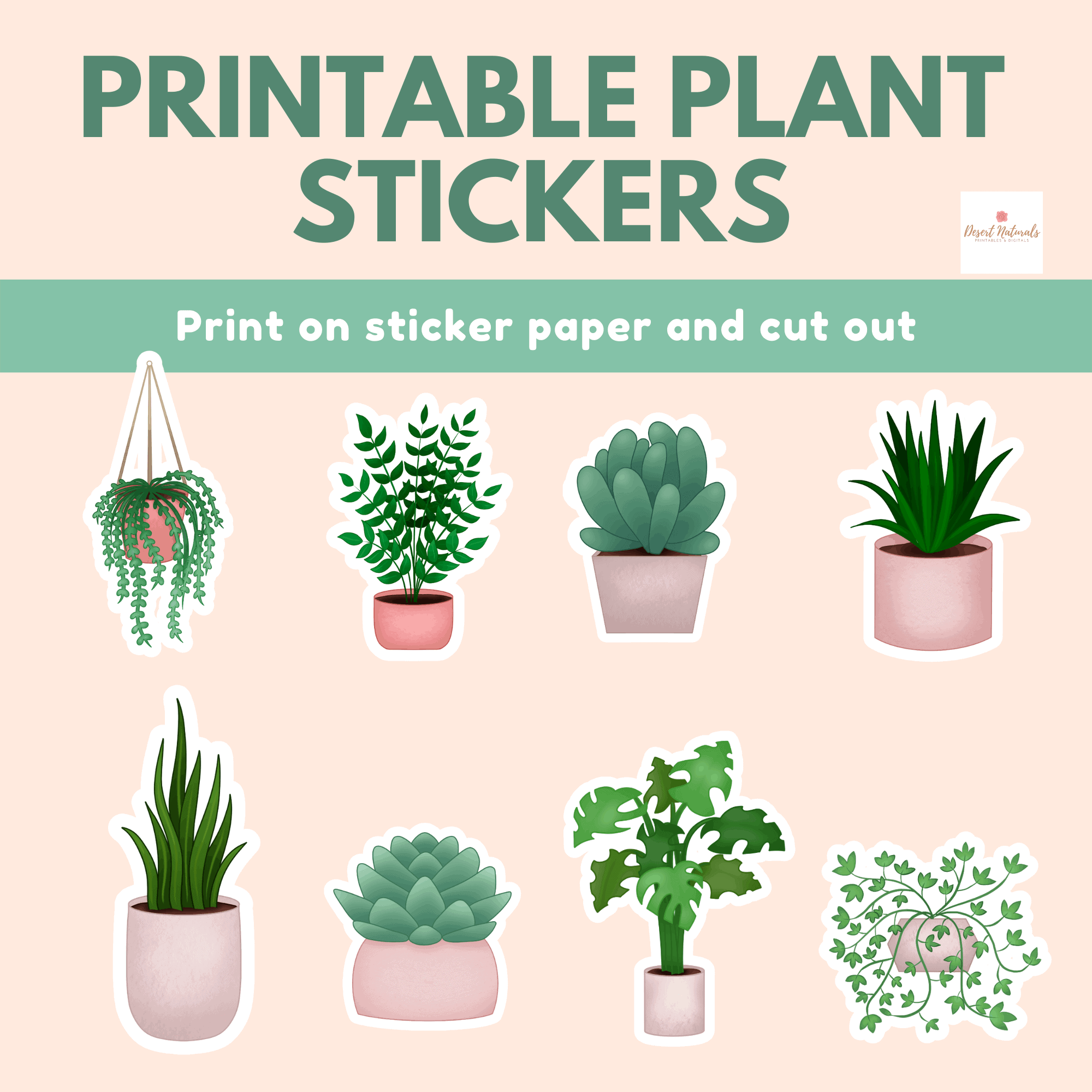 printable plant stickers sheet of 7 cute plants and succulents