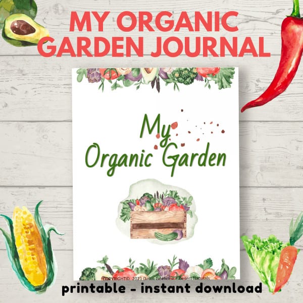 my organic garden journal with watercolor vegetables and front page of journal. Instant download printable