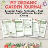 Organic Garden Journal pages for tools, pollinators, natural pest control, fertilizers and garden chores