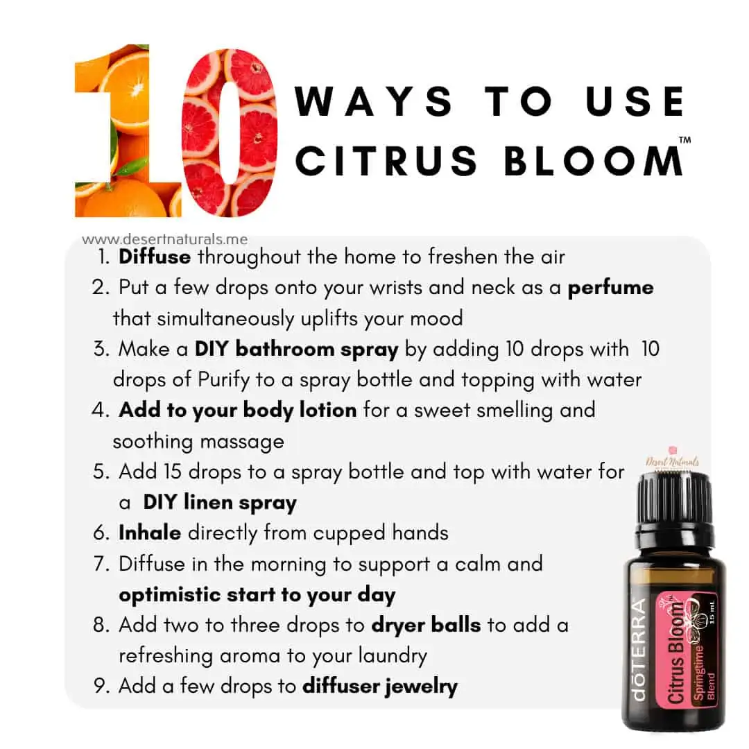a list of 10 ways to use doterra citrus bloom with a bottle of the essential oil