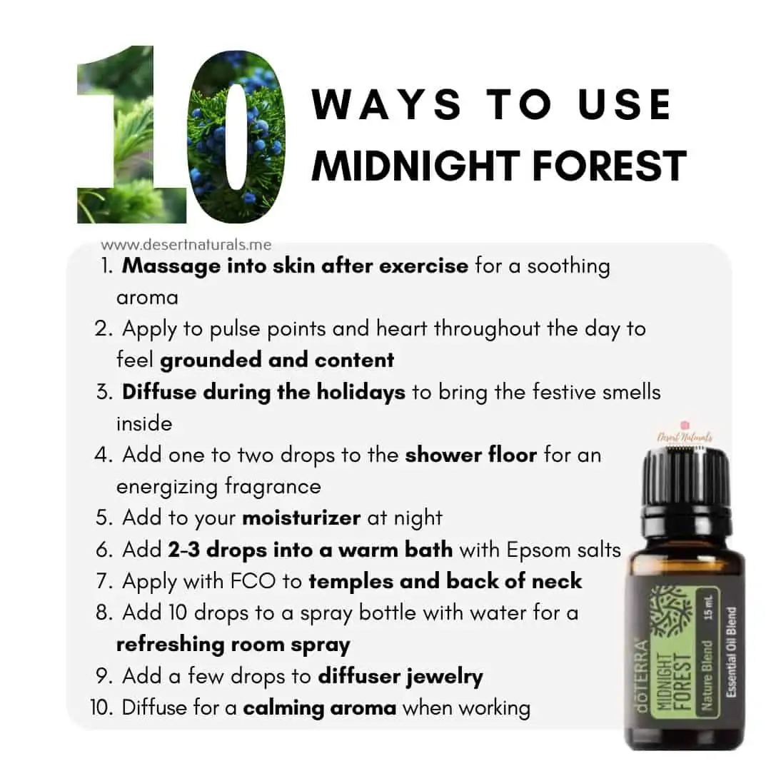 a list of 10 ways to use midnight forest essential oil blend with a bottle of doTERRA midnight forest