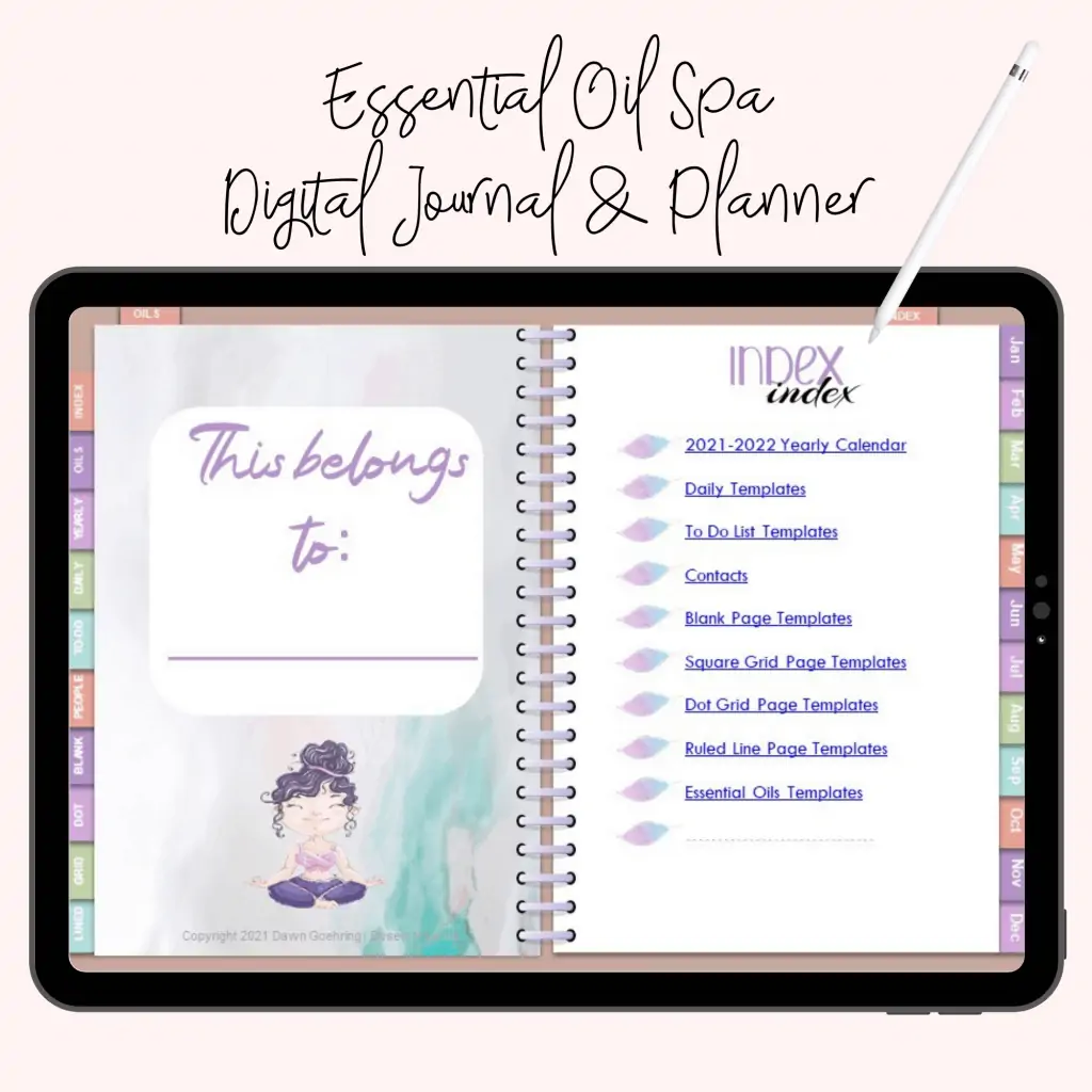 ipad showing index page of the spa essential oil journal and planner