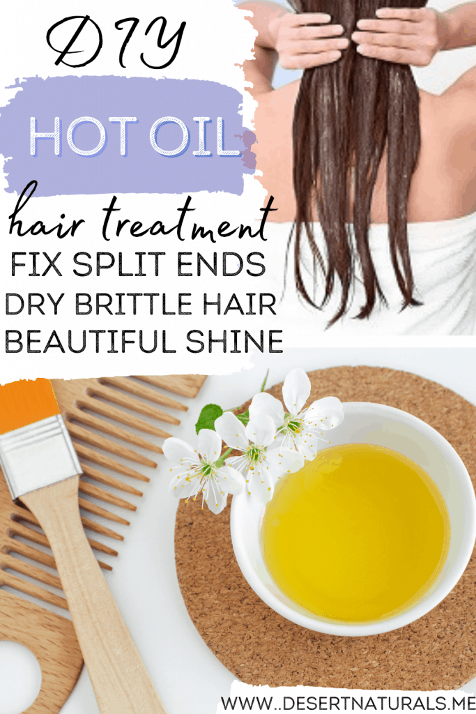 diy hot oil hair treatment for split ends, dry brittle hair and beautiful shine. bowl of oil with brush to apply the hair mask. woman with wet hair applying conditioner