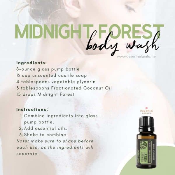 recipe for diy body wash using midnight forest essential oil blend with a man washing in the background