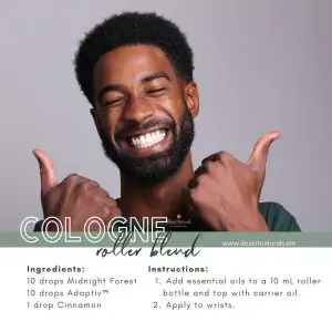 picture of man giving thumbs up with a recipe for diy cologne using midnight forest essential oil blend