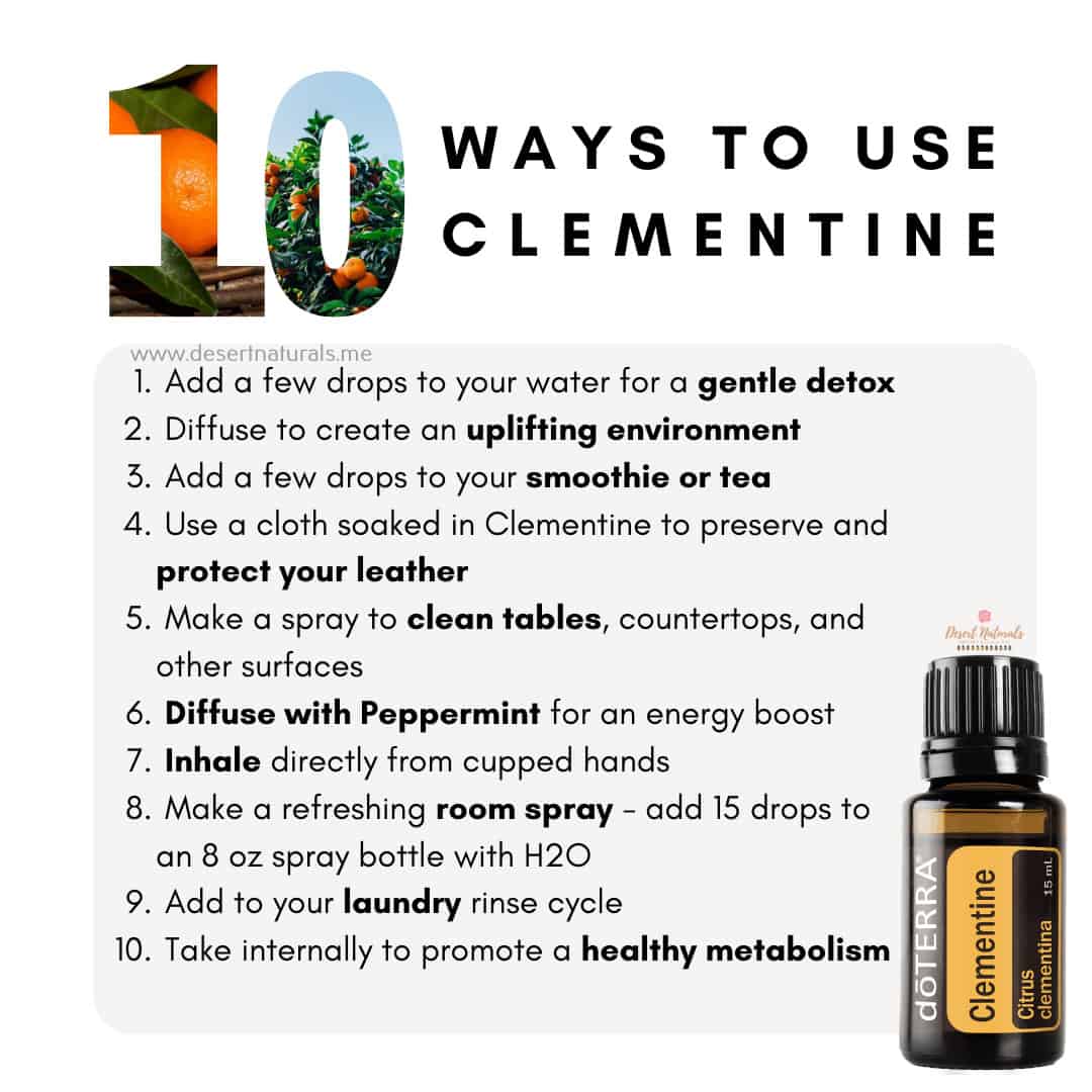 a list of 10 ways to use doTERRA Clementine with a 15ml bottle of the essential oil