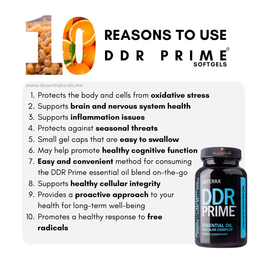 a list of 10 reasons to use doterra ddr prime softgels with a picture of the bottle of capsules